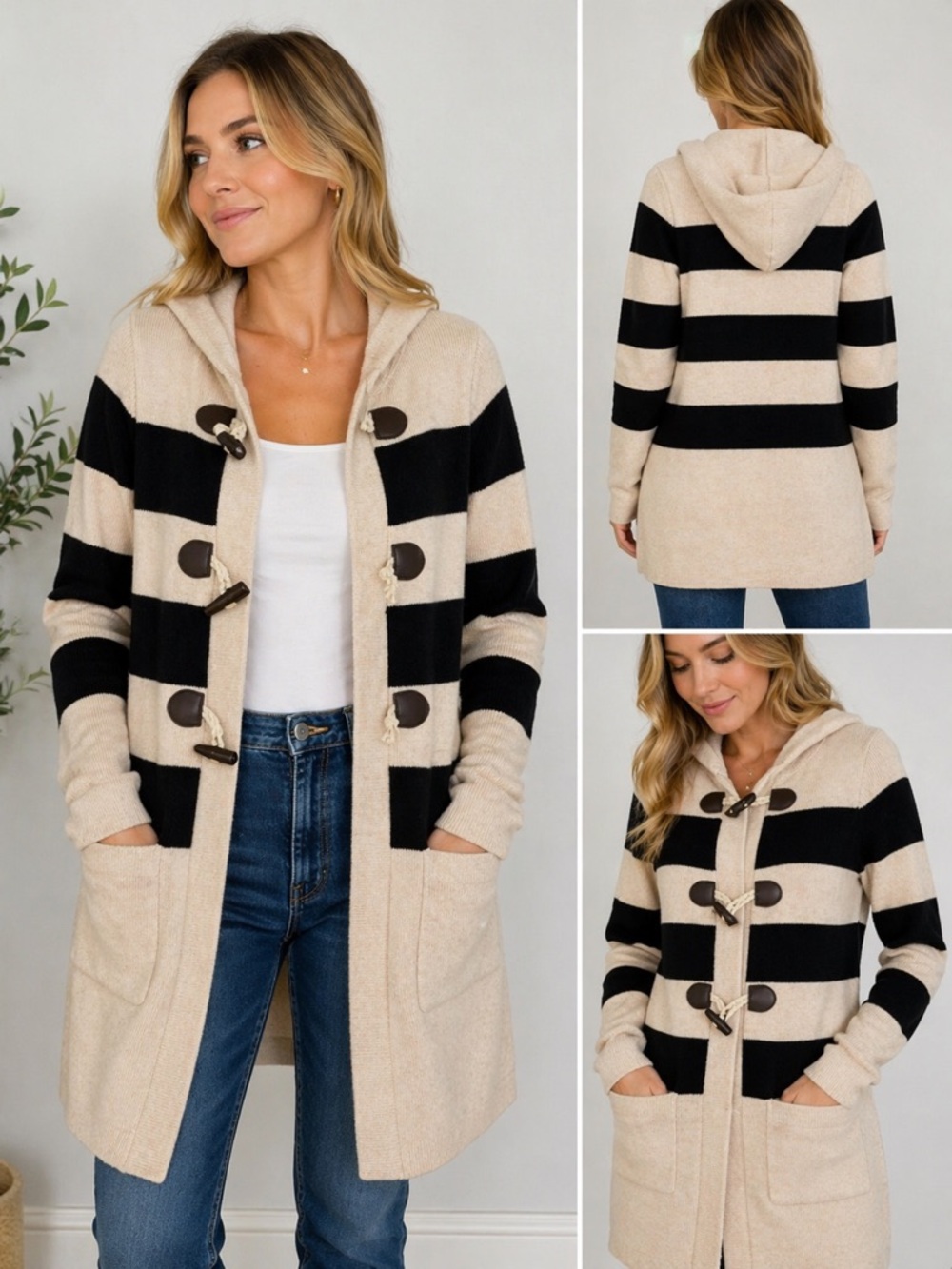 J.Crew Wool Cashmere Hooded Toggle Sweater Coat Striped Neutral Small